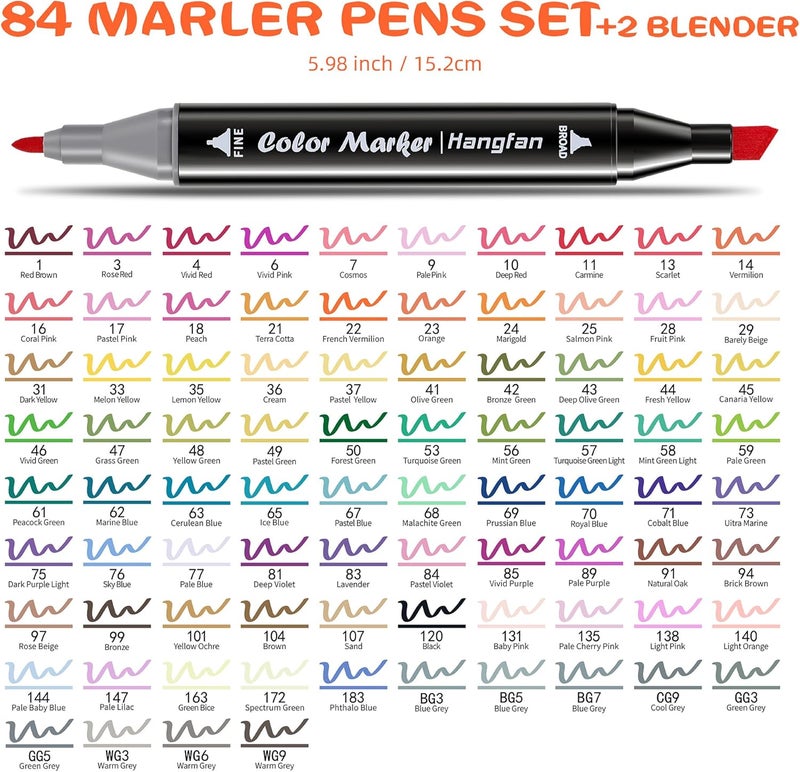 HandFan Alcohol,84 Colors Dual Tip Coloring Markers for Adults,Markers for Adults,Give 1 White Highlighter,1 Tracing Pen,Coloring Illustrations Sketch Drawing Painting Card Making(Black Pen Container) - Image 2